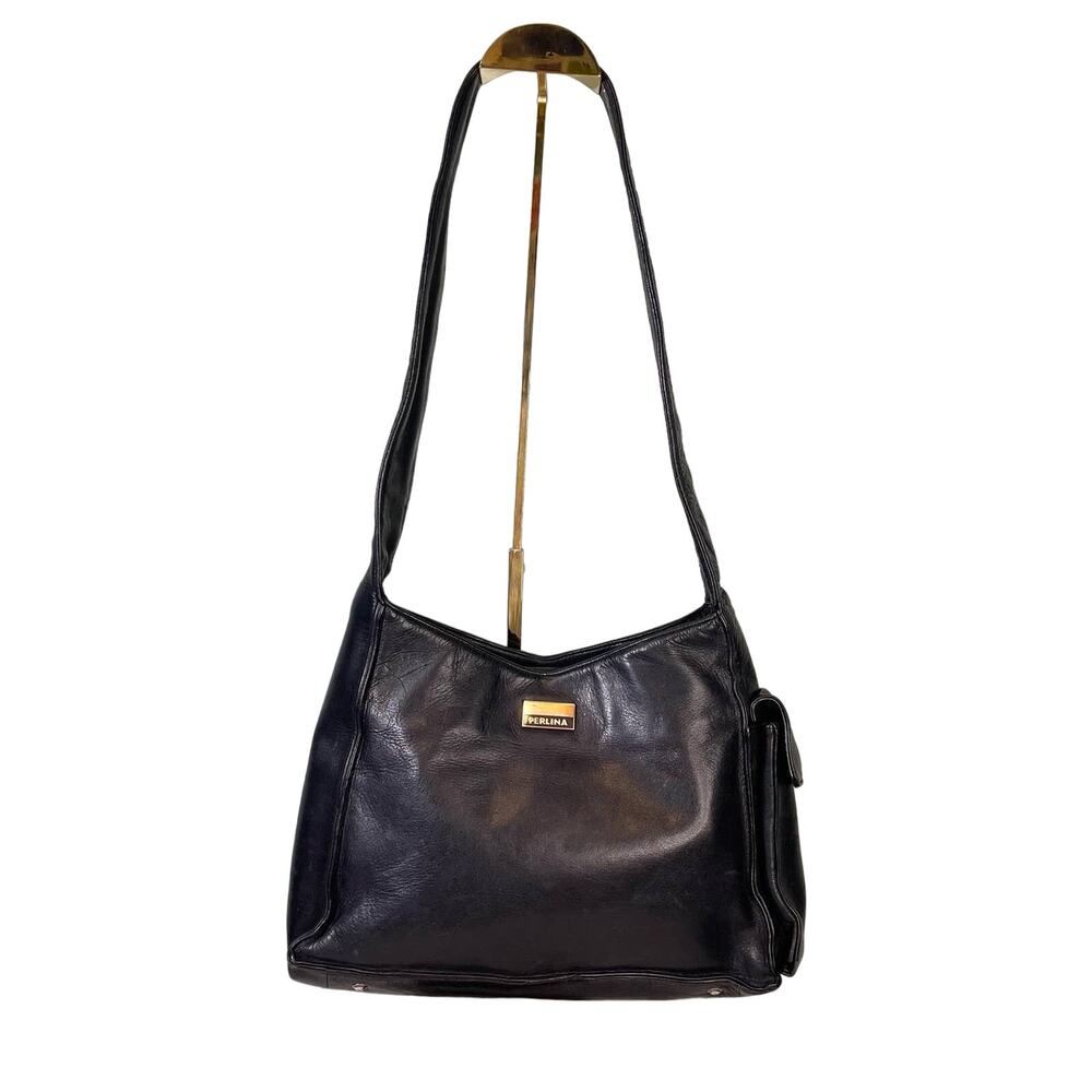 Perlina Shoulder Hobo Handbag Black Leather Y2K Corporate Sophisticated Minimal